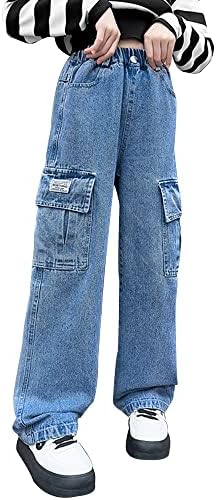 Happy Cherry - Girls Jeans Kid Denim Pants Loose Wide-leg Ripped Pant Child Baggy Trousers Outfits Elasticated High-waisted Straight Jeans Light Blue Fashion Casual Cute with Pockets Age 5-15 Years