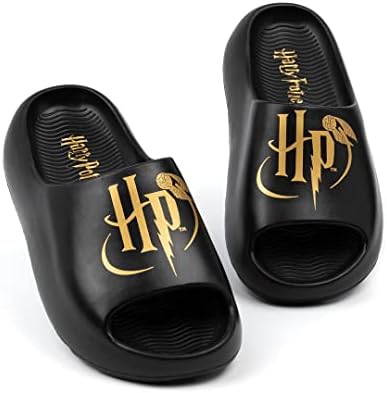 Harry Potter Kids Sliders Black Moulded Sandals For Boys & Girls Golden Snitch HP Logo Beach Shoes Hogwarts Magic Summer Pool Shoes Slip-on Footwear Movie Merchandise Gift for Children