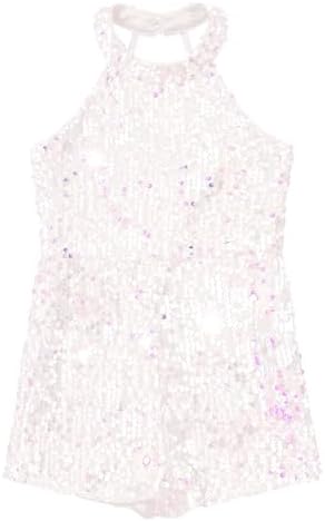 Hedmy Kids Girls Halter Neck Sequins Dance Party Romper Sleeveless Jazz Latin Dancewear Jumpsuit