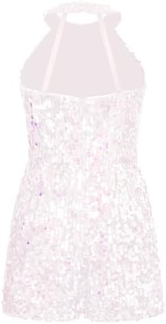 Hedmy Kids Girls Halter Neck Sequins Dance Party Romper Sleeveless Jazz Latin Dancewear Jumpsuit