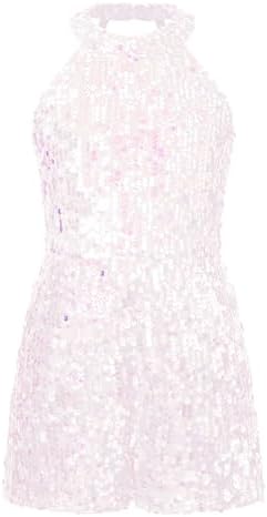 Hedmy Kids Girls Halter Neck Sequins Dance Party Romper Sleeveless Jazz Latin Dancewear Jumpsuit