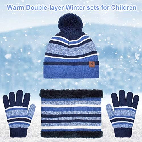 Heekpek 3 Pieces Hat And Scarf Sets For Kids Winter Pom Pom Hat Scarf Gloves Set For Girls Boys Warm Knitted Beanie Hats Snood Scarf And Gloves For Children