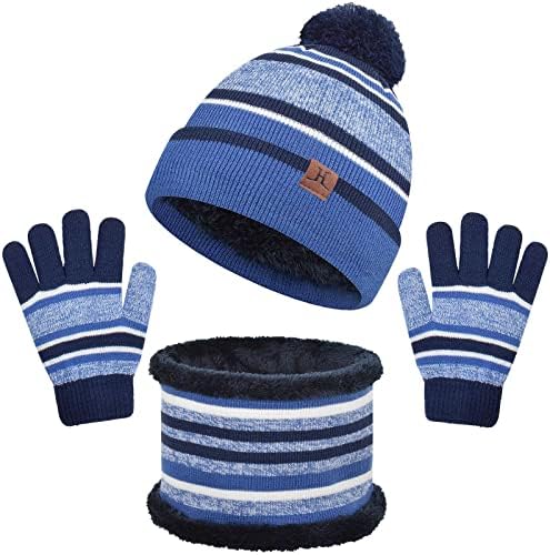 heekpek 3 Pieces Hat And Scarf Sets for kids Winter Pom Pom Hat Scarf Gloves Set for Girls Boys Warm Knitted Beanie Hats Snood Scarf and Gloves for Children