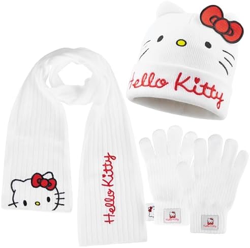 Hello Kitty Winter Accessories Set for Girls Teenagers Cosy 3 Piece Beanie Scarf and Gloves Set - Gifts for Girls