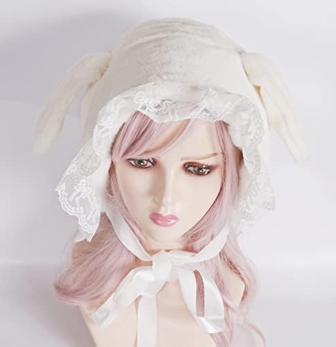 HELVAK Lolita Hat Sweet Plush Bunny Lop-eared Lei Feng's Cap Lace Ear Muffs Fluffy Warm Winter Cute Headpiece