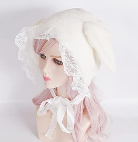 HELVAK Lolita Hat Sweet Plush Bunny Lop-eared Lei Feng's Cap Lace Ear Muffs Fluffy Warm Winter Cute Headpiece