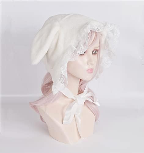 HELVAK Lolita Hat Sweet Plush Bunny Lop-eared Lei Feng's Cap Lace Ear Muffs Fluffy Warm Winter Cute Headpiece