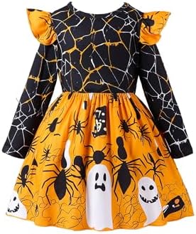HEOXIN Girls Halloween Spider Web Princess Dress Little Girls A-line Flying Sleeve Dresses with Round Neck for Kids Cosplay Fancy Dress Up Costumes 3-7 Years Yellow
