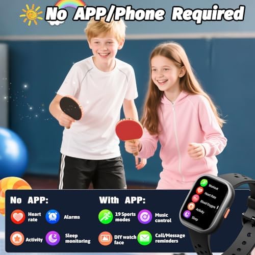 Heroange Kids Smart Watch For Girls Boys IP68 Waterproof Kids Fitness Tracker Watch With 1.83" Face Heart Rate Sleep Monitor 19 Sport Modes Puzzle Games With APP Great Gifts For Teens 6+ Black