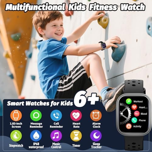 Heroange Kids Smart Watch For Girls Boys IP68 Waterproof Kids Fitness Tracker Watch With 1.83" Face Heart Rate Sleep Monitor 19 Sport Modes Puzzle Games With APP Great Gifts For Teens 6+ Black