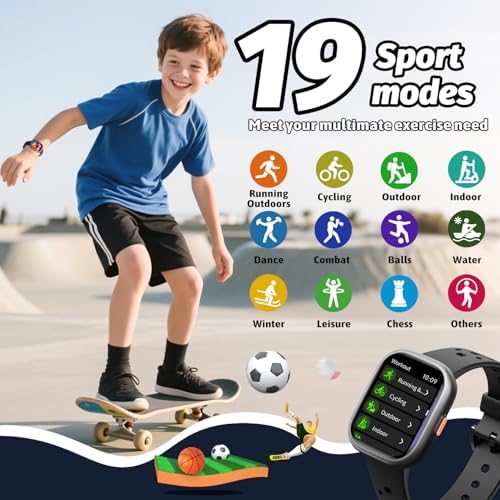 Heroange Kids Smart Watch For Girls Boys IP68 Waterproof Kids Fitness Tracker Watch With 1.83" Face Heart Rate Sleep Monitor 19 Sport Modes Puzzle Games With APP Great Gifts For Teens 6+ Black