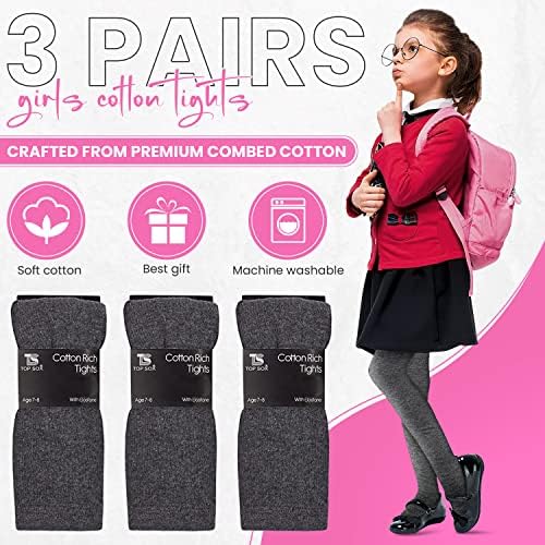 HiFEN® 3 Pairs Girls Cotton Rich Plain Tights Warm Soft Thick Formal Smart Casual Back To School Girl Tights