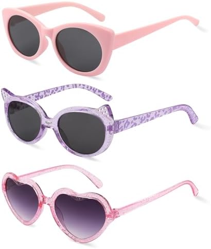 Hifot 3PCS Kids Sunglasses Girls Cute Girls Sunglasses Kids Age 3-8 Cat Heart Cat Eye Shape Set Funky Party Glasses Favor Childrens Sun Glasses for Holiday Beach Outdoor Birthday Party