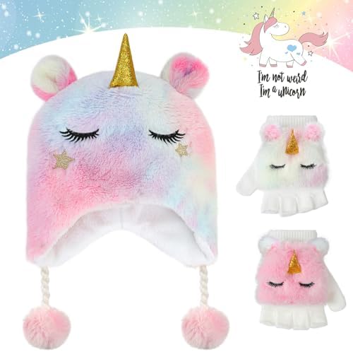 Hifot Unicorn Girls Winter Hat And Gloves Set 3PCS Lovely Unicorn Hat And Mittens Girls Hat And Gloves Set Age 3-10 Earflap Beanie Hat Kids Girls Hats Winter Girls' Cold Weather Accessories Sets