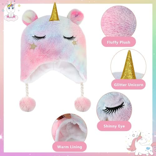Hifot Unicorn Girls Winter Hat And Gloves Set 3PCS Lovely Unicorn Hat And Mittens Girls Hat And Gloves Set Age 3-10 Earflap Beanie Hat Kids Girls Hats Winter Girls' Cold Weather Accessories Sets