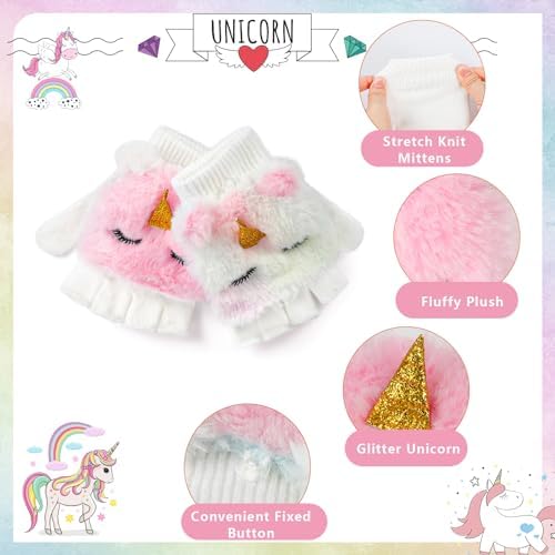 Hifot Unicorn Girls Winter Hat And Gloves Set 3PCS Lovely Unicorn Hat And Mittens Girls Hat And Gloves Set Age 3-10 Earflap Beanie Hat Kids Girls Hats Winter Girls' Cold Weather Accessories Sets