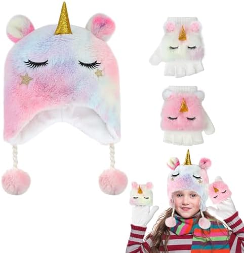Hifot Unicorn Girls Winter Hat and Gloves Set 3PCS Lovely Unicorn Hat and Mittens Girls Hat and Gloves Set Age 3-10 Earflap Beanie Hat Kids Girls Hats Winter Girls' Cold Weather Accessories Sets