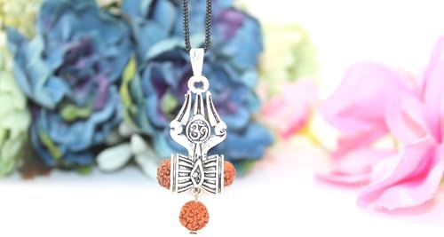 Hijet Silver Oxodized Om Damru Rudraksha Om With Trishul Pendant For Boys And Men's Or Women's For Good Luck Good Wealth Blessings