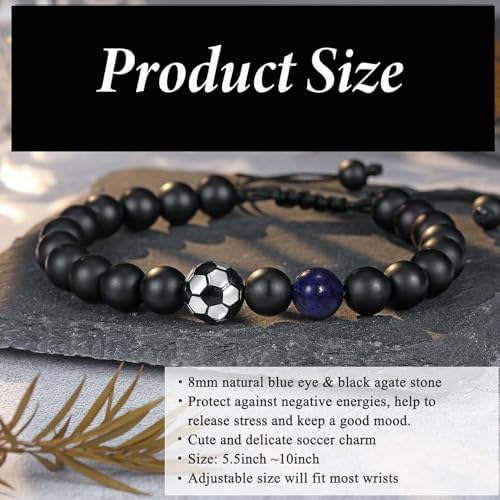 HLMYER Football Bracelets For Boys With Inspiring Card 8mm Football Bracelet With Blue Tiger Eye Frosted Stone Woven Boys' Bracelets With Football Bead For Gift To Girls Boys And Soccer Fans