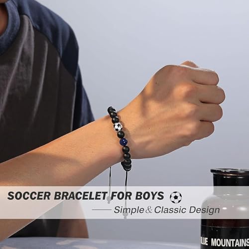 HLMYER Football Bracelets For Boys With Inspiring Card 8mm Football Bracelet With Blue Tiger Eye Frosted Stone Woven Boys' Bracelets With Football Bead For Gift To Girls Boys And Soccer Fans