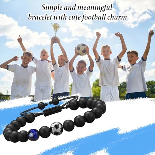 HLMYER Football Bracelets For Boys With Inspiring Card 8mm Football Bracelet With Blue Tiger Eye Frosted Stone Woven Boys' Bracelets With Football Bead For Gift To Girls Boys And Soccer Fans