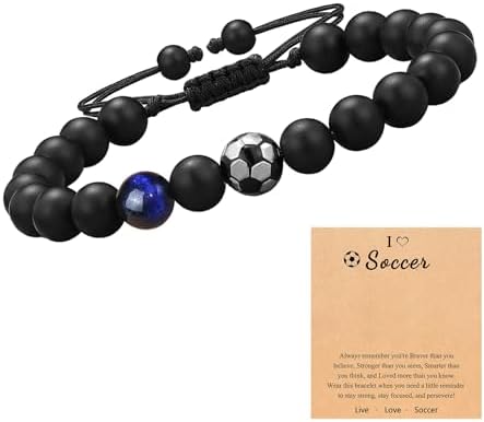 HLMYER Football Bracelets for Boys with Inspiring Card 8mm Football Bracelet with Blue Tiger Eye Frosted Stone Woven Boys' Bracelets with Football Bead for Gift to Girls Boys and Soccer Fans