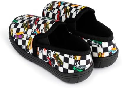 Hot Wheels Boys Slippers – Comfortable Anti-Slip Indoor House Shoes With Checkered Design Rubber Sole Racing Car Print – Range Of UK Kids Shoe Sizes