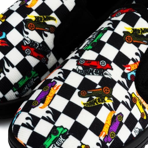 Hot Wheels Boys Slippers – Comfortable Anti-Slip Indoor House Shoes With Checkered Design Rubber Sole Racing Car Print – Range Of UK Kids Shoe Sizes