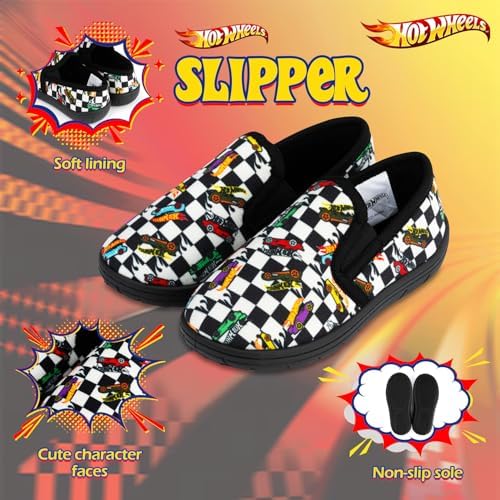 Hot Wheels Boys Slippers – Comfortable Anti-Slip Indoor House Shoes With Checkered Design Rubber Sole Racing Car Print – Range Of UK Kids Shoe Sizes