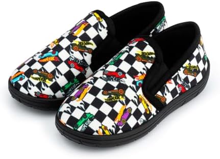 Hot Wheels Boys Slippers – Comfortable Anti-Slip Indoor House Shoes with Checkered Design Rubber Sole Racing Car Print – Range of UK Kids Shoe Sizes