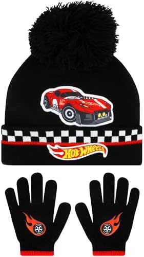 Hot Wheels Kids Hat And Gloves Set Race Car Winter Hats For Kids Boys Hat And Gloves Set One Size Black