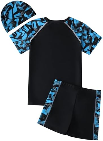 Hotfiary Boys Swimming Costume Big Kids Swim Trunks & Short Sleeve Rash Guard Shirt & Swim Cap Two Piece Swimsuit T-Shirt Short Set Summer Bathing Suit Swimwear For 6 7 8 9 10 11 12 13 14 15 Years
