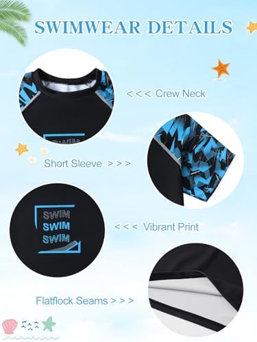 Hotfiary Boys Swimming Costume Big Kids Swim Trunks & Short Sleeve Rash Guard Shirt & Swim Cap Two Piece Swimsuit T-Shirt Short Set Summer Bathing Suit Swimwear For 6 7 8 9 10 11 12 13 14 15 Years