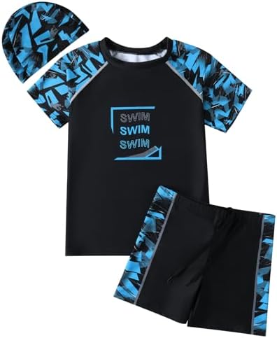Hotfiary Boys Swimming Costume Big Kids Swim Trunks & Short Sleeve Rash Guard Shirt & Swim Cap Two Piece Swimsuit T-Shirt Short Set Summer Bathing Suit Swimwear For 6 7 8 9 10 11 12 13 14 15 Years