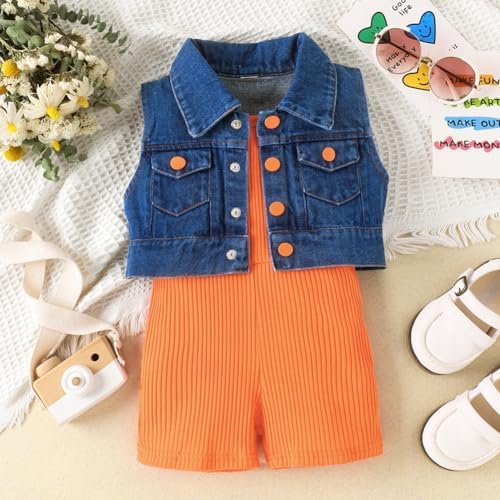 Hotfiary Girls Summer Clothes Outfit Sleeveless Ribbed Knit Rompers Button Down Denim Jacket 2 Piece Clothing Sets