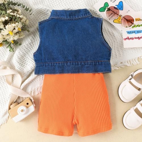 Hotfiary Girls Summer Clothes Outfit Sleeveless Ribbed Knit Rompers Button Down Denim Jacket 2 Piece Clothing Sets