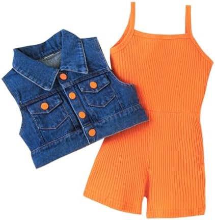Hotfiary Girls Summer Clothes Outfit Sleeveless Ribbed Knit Rompers Button Down Denim Jacket 2 Piece Clothing Sets
