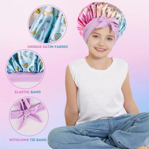 HUIXUANZE 3 PCS Kids Bonnets For Girls Kids Silk Bonnet For Sleeping Baby Bonnet Cute Printed Silk Lace Up Children's Nightcap A Sleeping Cap Suitable For Teenagers And Young Children