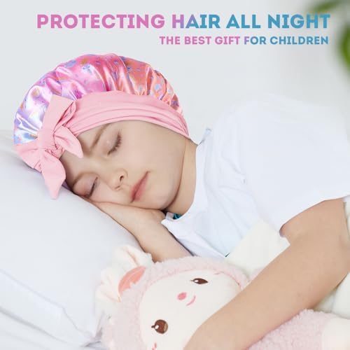 HUIXUANZE 3 PCS Kids Bonnets For Girls Kids Silk Bonnet For Sleeping Baby Bonnet Cute Printed Silk Lace Up Children's Nightcap A Sleeping Cap Suitable For Teenagers And Young Children