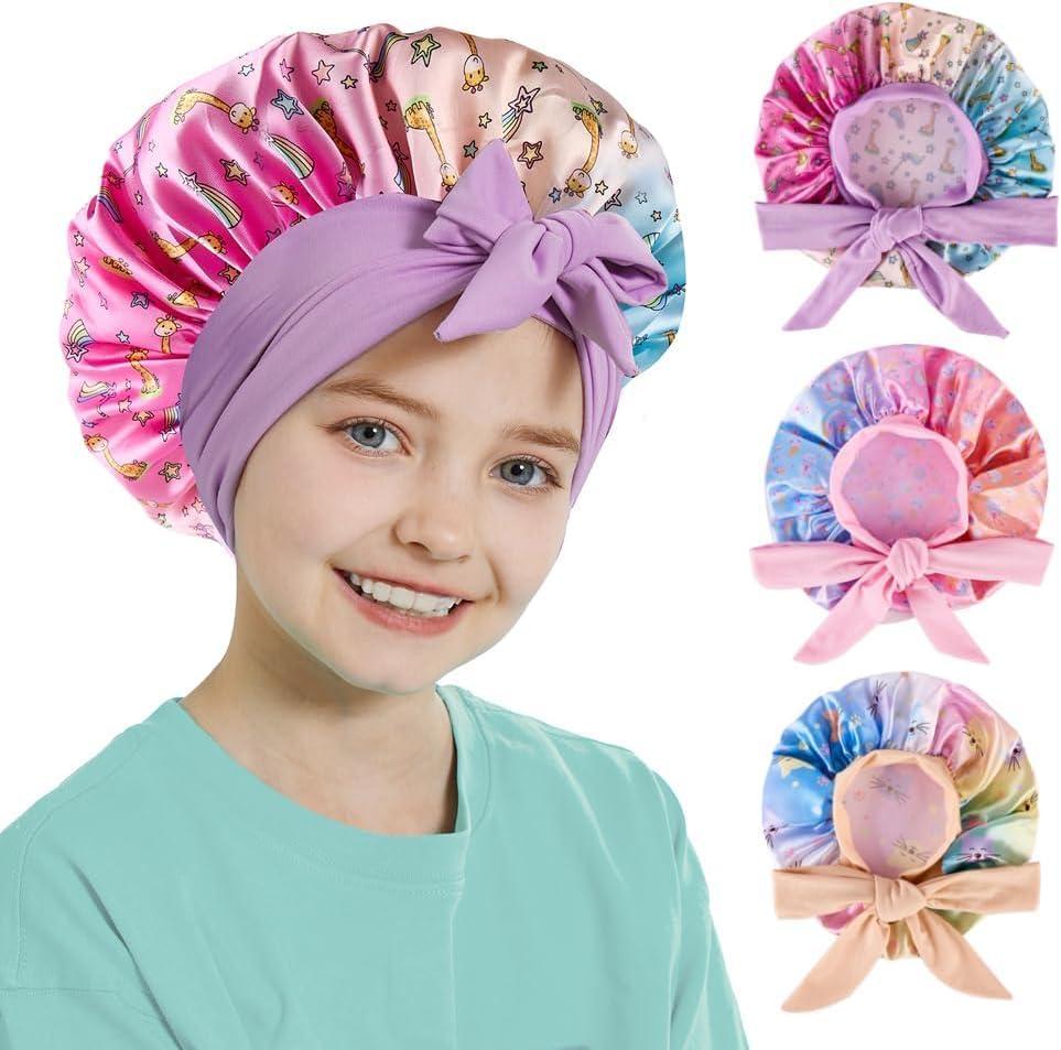 HUIXUANZE 3 PCS Kids Bonnets for Girls Kids Silk Bonnet for Sleeping Baby Bonnet Cute Printed Silk lace up Children's Nightcap A Sleeping Cap Suitable for Teenagers and Young Children