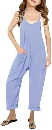 Hundakvy Girls Jumpsuit Adjustable Spaghetti Strap Loose Overalls Rompers Kids Overlay Decorated Playsuit Long Pants For Teen Kids Cotton Baggy Plain Playsuits With Pockets For Age 5-12 Years