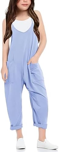 Hundakvy Girls Jumpsuit Adjustable Spaghetti Strap Loose Overalls Rompers Kids Overlay Decorated Playsuit Long Pants for Teen Kids Cotton Baggy Plain Playsuits with Pockets for Age 5-12 Years