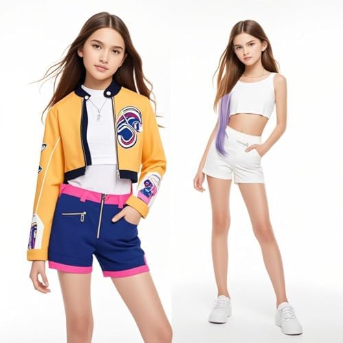 Hunters Cosplay Costume For Kids Kpop Hunters Ru-mi Costume Outfit With Jacket Shorts & Printed T-Shirt Kpop Demon Cosplay Halloween Costumes For Kids Cute Girls Birthday Gifts