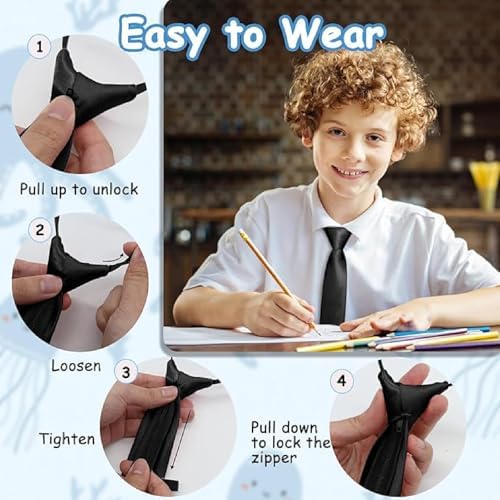 HUSHRICH 2Pcs Boys Tie Adjustable Zipper Kids Tie Black Necktie For Boys 8-12Years Perfect School Ties For Graduation Halloween Party Supplies And Daily Wear
