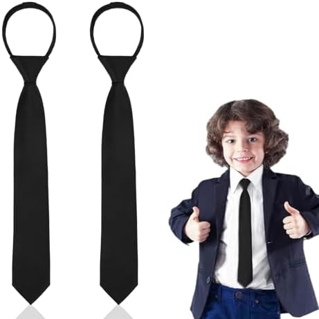 HUSHRICH 2Pcs Boys Tie Adjustable Zipper Kids Tie Black Necktie for Boys 8-12Years Perfect School Ties for Graduation Halloween Party Supplies and Daily Wear