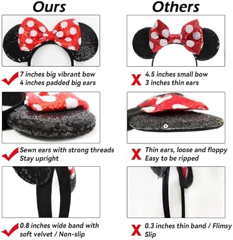 HXPLN 2 PCS Mouse Ears Headband Classic Mouse Ears For Women Girls Adult Shiny Headband For Park Trips Party Cosplay Costumes (Red)