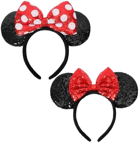 HXPLN 2 PCS Mouse Ears Headband Classic Mouse Ears for Women Girls Adult Shiny Headband for Park Trips Party Cosplay Costumes (Red)