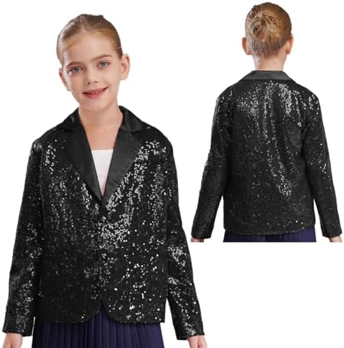 iEFiEL Girls Lapel Button Down Suit Coat Sequin Blazers Jacket Hip Hop Jazz Dance Costume for Disco Party