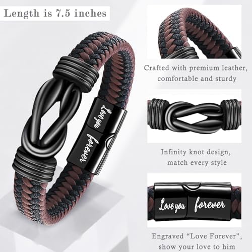 Ilasif Infinity Bracelet For Boys Brown Braided Leather Stainless Steel Engraved With Love You Forever Jewelry 7.5 Inches Birthday For Boyfriend Son Grandson Age 10/13/16/18