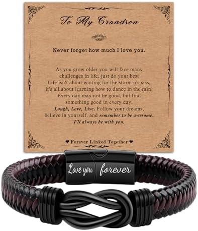ilasif Infinity Bracelet for Boys Brown Braided Leather Stainless Steel Engraved with Love You Forever Jewelry 7.5 Inches Birthday for Boyfriend Son Grandson Age 10/13/16/18